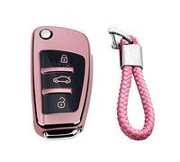 M.JVisun Soft TPU Case Cover Protector Case for Audi Flip Car Remote Key Fob Cover for Audi A1 A3 A4 A6 A8 Quattro Q2 Q3 Q7 R8 RS3 RS6 S3 S6 TT TTS Key Shell - Glossy Pink - Braided Keychain