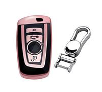 M.JVisun Soft TPU Cover Protector Case Car Remote Key Fob Cover For BMW 1 Series 2 3 4 5 6 7 Series 5GT GT3 GT5 X1 X3 X4 M2 M3 M4 M5 M6 Fob Remote Key - Glossy Pink - Metal Keychain