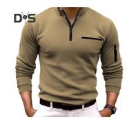 (M, khaki) Fall Spring Men Shirt Zippered Half-open Stand Collar Solid Color Formal Business Style Stretchy Office Meeting Daily Top