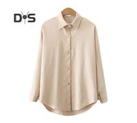 (M, khaki) Women's Long Sleeve Shirt Solid Color Button Up Lapel Blouse Breathable Casual Loose Fit Shirt for Work Daily Life Travel