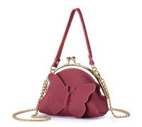 M.lemo925 Women Mini Coins Wallet Kiss Lock Clutch Genuine Leather Bag with Chain Strap Purse Wallet, Wine, No Chain Strap, Casual