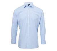 (M, Light Blue/White) Premier Mens Microcheck Long Sleeve Shirt