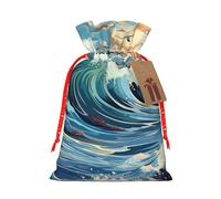 M Linen Christmas Wrap Gift Bags, Wave Sailboat Seagull Print Drawstring Gift Bags, for Xmas Thanksgiving, Present Decor