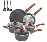 M MELENTA Non Stick Pots and Pans Set, 11 Piece Die-Cast Induction Hob Pan Set, Granite Cookware Set with Frying Pans, Saucepan Set, PFOA Free, Dark