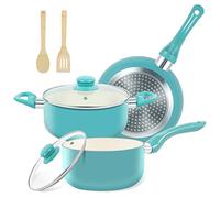 M MELENTA Non Stick Pots and Pans Set, 7 Piece Induction Hob Pan Set, Ceramic Cookware Set with Frying Pan, Saucepan Set, PFOA Free, Turquoise