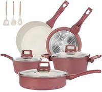 M MELENTA Pots and Pans Sets Non Stick, 11 Pcs Kitchen Induction Hob Pan Set, Non Toxic PFOA Free Granite Cooking Set with Frying Pans, Sautepan, Saucepan Set, Reddish Brown