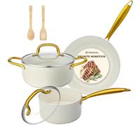 M MELENTA Pots and Pans Sets Non Stick, 7 PCS Cream White Granite Induction Hob Pan Set, Non Toxic Cooking Cookware Set with Saucepan Set, Oven Safe
