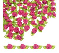 M METERXITY 100-Pack Mini Ribbon Roses, Mini Fabric Flowers with Green Leaves Fabric Roses Ribbon Small Satin for Crafts DIY/Wedding/Ornament/Party/Home/Sewing [Rose Red]