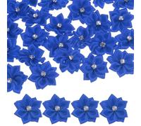 M METERXITY 100-Pack Satin Ribbon Flowers, 1.2 Inch Mini Fabric Flowers with Rhinestones Flower Ribbon Appliques for Crafts DIY/Wedding/Ornament/Party/Home [Dark Blue]