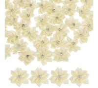 M METERXITY 100-Pack Satin Ribbon Flowers, 1.2 Inch Mini Fabric Flowers with Rhinestones Flower Ribbon Appliques for Crafts DIY/Wedding/Ornament/Party/Home [Beige White]