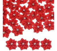 M METERXITY 100-Pack Satin Ribbon Flowers, 1.2 Inch Mini Fabric Flowers with Rhinestones Flower Ribbon Appliques for Crafts DIY/Wedding/Ornament/Party/Home [Bright Red]