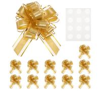 M METERXITY 12-Pack Large Pull Bow for Gift Wrapping, 8.7" x 6.7" Reusable Organza Wood Grain Ribbon Bows with 12 Self-Adhesive Dots for Party/Birthday Decoration[Gold Tone]