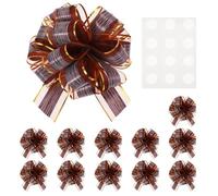 M METERXITY 12-Pack Large Pull Bow for Gift Wrapping, 8.7" x 6.7" Reusable Organza Wood Grain Ribbon Bows with 12 Self-Adhesive Dots for Party/Birthday Decoration[Brown]
