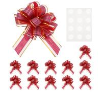M METERXITY 12-Pack Large Pull Bow for Gift Wrapping, 8.7" x 6.7" Reusable Organza Wood Grain Ribbon Bows with 12 Self-Adhesive Dots for Party/Birthday Decoration[Dark Red]