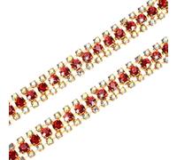 M METERXITY 2-Pack Crystal Rhinestone Close Chain Trim, 3 Rows 1 Yard Dress Embellishments, Sparkly Diamond Strips Applique Embellishment for Craft/Sewing/Wedding [Gold-Based AB Red]