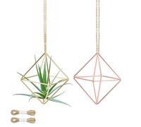 M METERXITY 2-Pack Hanging Air Plant Holders, Cube Metal Geometric Hanging Tillandsia Holder with Rope for Home Decor/Small Indoor Outdoor Plants [Rose Gold, Gold Tone, 3.3" H]
