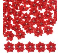 M METERXITY 200-Pack Satin Ribbon Flowers, 1.2 Inch Mini Fabric Flowers with Rhinestones Flower Ribbon Appliques for Crafts DIY/Wedding/Ornament/Party/Home [Bright Red]