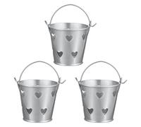 M METERXITY 3-Pack Small Metal Bucket with Handle, 2.4 x 2.1 Inch Iron Mini Buckets for Farmhouse Flower/Garden Planters/Decorative Table Centerpieces [Hollowed-Out Heart, Silver-Grey]