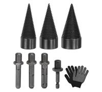 M METERXITY 3-Pack Wood Splitter Drill Bit 32mm + 38mm + 42mm + 4 Handles (Square+Round+Hex Shank+Small Hex) Firewood Log Splitter Drill Bit with Gloves for Outdoor/Stove/Farm[Black+Grey]