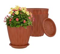 M METERXITY 3-Set Plant Pots, 6 Inch Plastic Water Ripple Flower Pots with Drainage Hole and Tray Saucer for Outdoor/Patio/Garden/Home Decor, Planters for Indoor Plants [Deep Red]