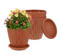 M METERXITY 3-Set Small Nursery Pots, 4 Inch Plastic Water Ripple Indoor Outdoor Flower Pots Planters with Drainage Holes and Saucers for Plants/Succulents/Herbs/Home Decor [Deep Red ]