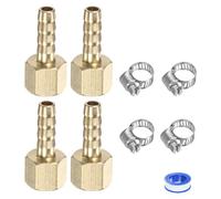 M METERXITY 4-Pack Brass Hose Barb Fittings, 6mm x G1/8 Female Adapter Hose Connector with Stainless Steel Hose Clamp & PTFE Tape, Barbed Air Hose Repair Fitting Adapter Kit