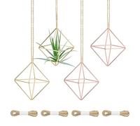 M METERXITY 4-Pack Hanging Air Plant Holders, Cube Metal Geometric Hanging Tillandsia Holder with Rope for Home Decor/Small Indoor Outdoor Plants [Rose Gold, Gold Tone, 3.3" H]