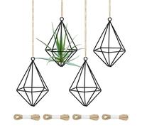 M METERXITY 4-Pack Hanging Air Plant Holders, Pentagonal Metal Geometric Hanging Tillandsia Holder with Rope for Home Decor/Small Indoor Outdoor Plant [Black, 4.8" H]