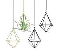 M METERXITY 4-Pack Hanging Air Plant Holders, Pentagonal Metal Geometric Hanging Tillandsia Holder with Metal Chain for Home Decor/Small Indoor Outdoor Plants [Black, Gold Tone, 4.8" H]