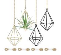 M METERXITY 4-Pack Hanging Air Plant Holders, Pentagonal Metal Geometric Hanging Tillandsia Holder with Rope for Home Decor/Small Indoor Outdoor Plant [Black, Gold Tone, 4.8" H]