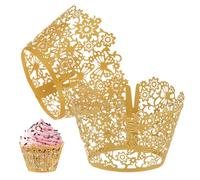 M METERXITY 50-Pack Cupcake Wrappers, Pearlescent Art Paper, Floral Lace Hollow Out Cupcake Liners for Wedding/Birthday Party Decoration, Bake Cake Paper[Champagne Gold]