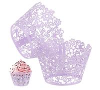 M METERXITY 50-Pack Cupcake Wrappers, Pearlescent Art Paper, Floral Lace Hollow Out Cupcake Liners for Wedding/Birthday Party Decoration, Bake Cake Paper[Light Purple]