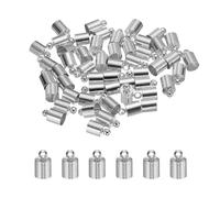 M METERXITY 50-Pack Tassel Cord End Caps, 6mm ID Copper Glue in Leather Barrel Kumihimo End Tip Bead Caps for Jewelry Making/Bracelets/DIY Pendant, Cord Terminators [Light Silver]