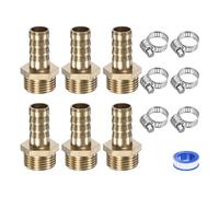 M METERXITY 6-Pack Brass Hose Barb Fittings, 10mm x G3/8 Male Couple Hose Connector with Stainless Steel Hose Clamp & PTFE Tape, Barbed Air Hose Repair Fitting Adapter Kit