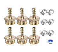 M METERXITY 6-Pack Brass Hose Barb Fittings, 6mm x G1/2 Male Couple Hose Connector with Stainless Steel Hose Clamp & PTFE Tape, Barbed Air Hose Repair Fitting Adapter Kit
