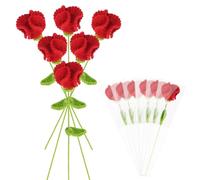 M METERXITY 6-Pack Crochet Flowers, Knitted Artificial Wool Carnation for Mother's Day/Wedding/Birthday/DIY Decor, Handmade Knitted Flowers [Red]