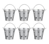 M METERXITY 6-Pack Small Metal Bucket with Handle, 2.4 x 2.1 Inch Iron Mini Buckets for Farmhouse Flower/Garden Planters/Decorative Table Centerpieces [Hollowed-Out Heart, Silver-Grey]