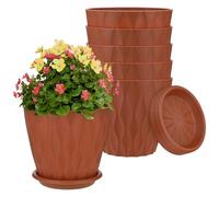 M METERXITY 6-Set Plant Pots, 6 Inch Plastic Water Ripple Flower Pots with Drainage Hole and Tray Saucer for Outdoor/Patio/Garden/Home Decor, Planters for Indoor Plants [Deep Red]