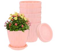 M METERXITY 6-Set Small Nursery Pots, 4 Inch Plastic Water Ripple Indoor Outdoor Flower Pots Planters with Drainage Holes and Saucers for Plants/Succulents/Herbs/Home Decor [Pink]