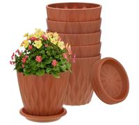 M METERXITY 6-Set Small Nursery Pots, 4 Inch Plastic Water Ripple Indoor Outdoor Flower Pots Planters with Drainage Holes and Saucers for Plants/Succulents/Herbs/Home Decor [Deep Red ]