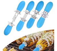 M METERXITY 8-Pack Corn Holders, 3.1 Inch Stainless Steel Corn on the Cob Holders with TPR Handles and Interlocking Design for BBQ/Parties/Home Cooking/Camping, Cob Skewers [Blue]
