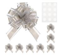 M METERXITY 8-Pack Large Pull Bow for Gift Wrapping, 8.7" x 6.7" Reusable Organza Wood Grain Ribbon Bows with 12 Self-Adhesive Dots for Party/Birthday Decoration[Silver Tone]