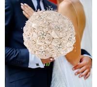 M METERXITY Artificial Rose Bouquet for Bride/Bridesmaid, Throw Toss Bridal Bouquet - Round Wedding Bouquet [Champagne]