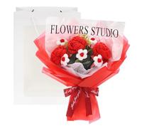 M METERXITY Crochet Flowers Bouquet, Handmade Knitted Bouquets Artificial 3 Rose 5 Daisy Mix with Gift Bag for DIY Home Decor/Birthday/Wedding/Valentine's Day [Red]