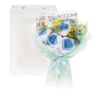 M METERXITY Crochet Flowers Bouquet, Handmade Knitted Bouquets Artificial 6 Rose 3 Daisy Mix with Gift Bag for DIY Home Decor/Birthday/Wedding/Valentine's Day [Gradient Blue]