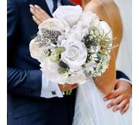 M METERXITY Wedding Bouquets for Bride, Artificial Flower Bouquet for Wedding Bridal Bouquets for Bride/Bridesmaid, Multicolor Bouquets with Silk Ribbon [Cream White]