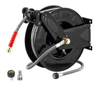 M MINGLE Pressure Washer Hose Reel with Hose for Hot and Cold Water, 3/8" X 50 FT Steel Auto-Retractable High Power Wash Hose Reel, Wall Mounted Pressure Washer - Wire Braided Hose 4000 PSI, Black