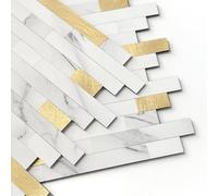 M MOFIT 3D Brick Marble Tile Sticker Self-Adhesive Wall Panels for Kitchen Bathroom Decor Peel and Stick Tile Waterproof(White Gold,10sheets)