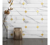 M MOFIT Stick on Brick Wall Tiles Matte Sticky Stickers Self Adhesive Marble Mosaic for Kitchen Fireplace Bathroom(White Gold 5sheets)