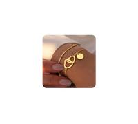 M MOOHAM Gold Initial Bracelets for Women, Dainty 14K Gold Plated Disc Initial A-Z Bracelet Jewelry, Satellite Chain Double Hearts Bracelets, Birthday Gifts for Women Mom Daughter Friend, 6+2", no